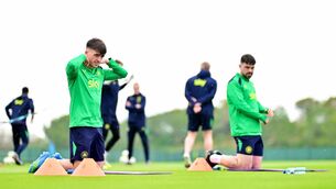 <p>Andrew Moran and Eiran Cashin, right, during a Republic of Ireland training session at La Finca Resort in Alicante on Friday. Pic: Silvestre Szpylma/Sportsfile</p>