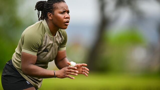 <p>SAFE HANDS: Linda Djougang during an Ireland Women's Rugby captain's run at Pirrie Park in Belfast. Pic: Shauna Clinton/Sportsfile</p>