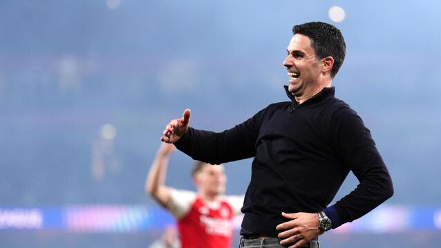 <p>JIG TIME: Arsenal manager Mikel Arteta celebrates his side’s win over Atletico Madrid. Pic: John Walton/PA</p>