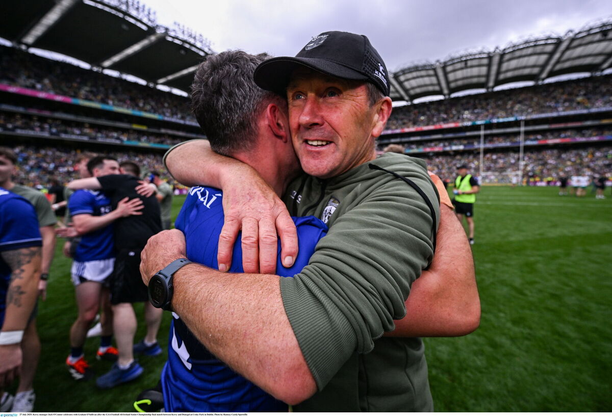 Kerry manager Jack O'Connor celebrates with Graham O'Sullivan after the All-Ireland SFC final. Pic: Ramsey Cardy/Sportsfile
