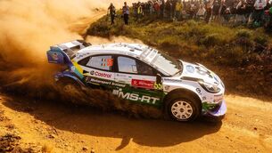 <p>Kilrea's Josh McErlean and Killeagh's Eoin Treacy (Ford Puma Rally1) are the top Irish crew in Rally de Portugal, round six of the World Rally Championship in Porto, they are ninth overall. Pic: Jaanus Ree / Red Bull Content Pool.</p>