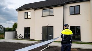 <p>A garda on duty at Blackthorn Close in Carrick-on-Suir, Co Tipperary, where the bodies of a woman and a newborn baby were found on Friday afternoon. Picture: Chani Anderson</p>