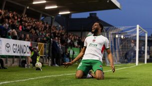 <p>Hans Mpongo of Cork City celebrates after scoring his and his side's third goal. Pic: Michael P Ryan/Sportsfile</p>