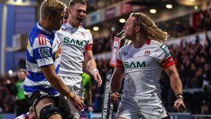 <p>Ulster's Werner Kok celebrates with Zac Ward after scoring his side's fifth try. Pic: INPHO/Ben Brady</p>