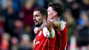 <p>St. Patrick's Athletic's Zac Elbouzedi celebrates with teammates. Pic: Andrew Conan/Inpho</p>