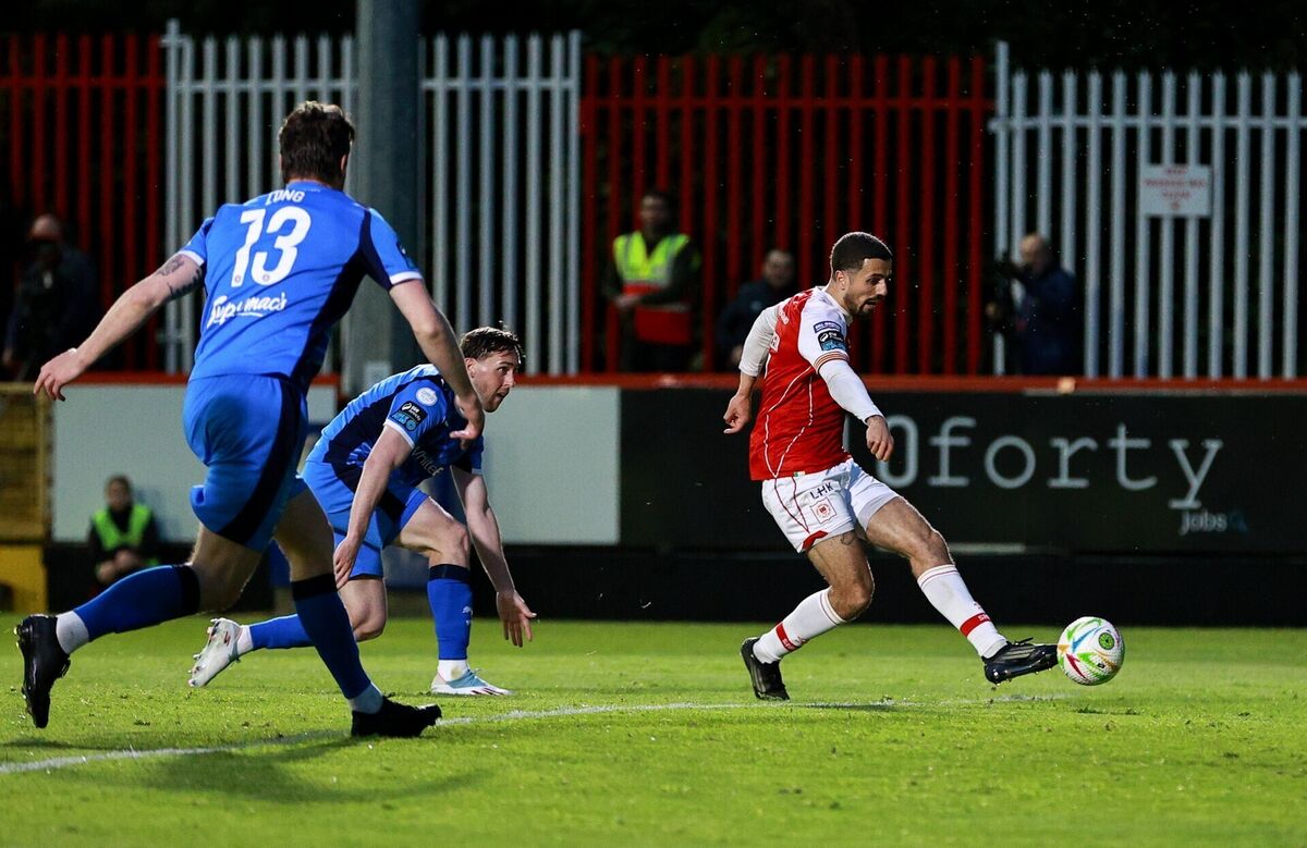 Zack Elbouzedi of St Patrick's Athletic on his way to scoring his side's second goal. Pic: Thomas Flinkow/Sportsfile