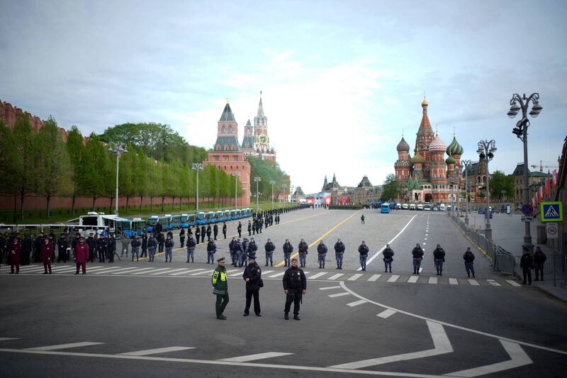 Police officers guard at Vasilevsky Spusk square before the Victory Day military parade in Moscow, Saturday, May 9, 2026, during celebrations of the 81st anniversary of the Soviet Union's victory over Nazi Germany during the World War II. (AP Photo/Pavel Bednyakov, Pool) Police officers guard at Vasilevsky Spusk square before the Victory Day military parade in Moscow, Saturday, May 9, 2026, during celebrations of the 81st anniversary of the Soviet Union's victory over Nazi Germany during the World War II. (AP Photo/Pavel Bednyakov, Pool)