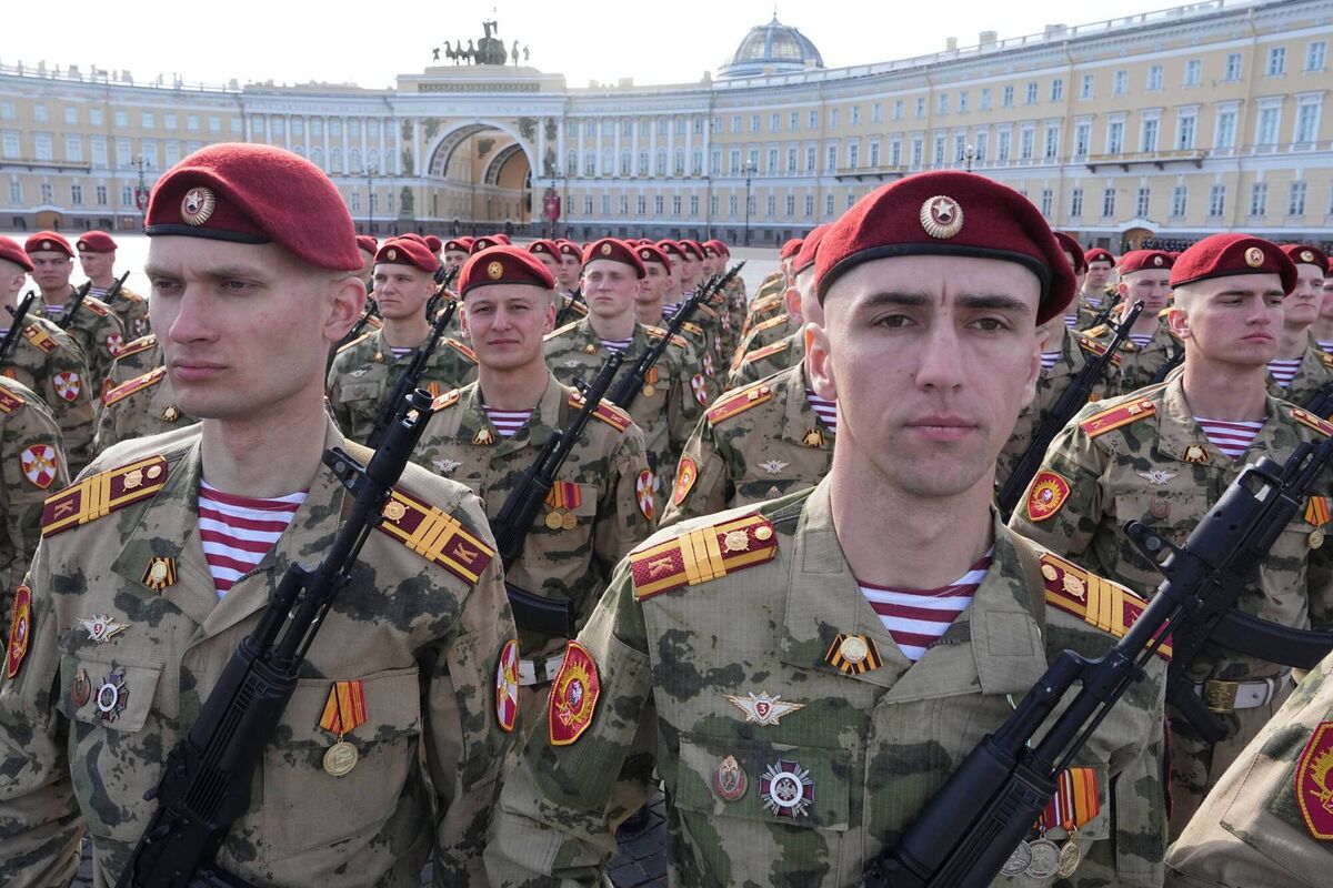 Servicemen attend the Victory Day military parade marking the 81st anniversary of the Soviet Union's victory over Nazi Germany during the World War II, at the Dvortsovaya (Palace) Square in St. Petersburg, Russia, Saturday, May 9, 2026 (AP Photo/Dmitri Lovetsky)