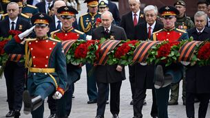 <p>Russian President Vladimir Putin, centre, and foreign leaders attend a ceremony to lay flowers at the Tomb of the Unknown Soldier by the Kremlin wall in Moscow, Saturday, May 9, 2026, during celebrations of the 81st anniversary of the Soviet Union's victory over Nazi Germany during the World War II. (Alexander Nemenov/Pool Photo via AP)</p>