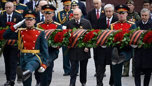 <p>Russian President Vladimir Putin, centre, and foreign leaders attend a ceremony to lay flowers at the Tomb of the Unknown Soldier by the Kremlin wall in Moscow, Saturday, May 9, 2026, during celebrations of the 81st anniversary of the Soviet Union's victory over Nazi Germany during the World War II. (Alexander Nemenov/Pool Photo via AP)</p>