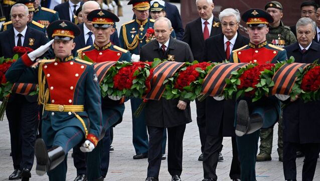 <p>Russian President Vladimir Putin, centre, and foreign leaders attend a ceremony to lay flowers at the Tomb of the Unknown Soldier by the Kremlin wall in Moscow, Saturday, May 9, 2026, during celebrations of the 81st anniversary of the Soviet Union's victory over Nazi Germany during the World War II. (Alexander Nemenov/Pool Photo via AP)</p>