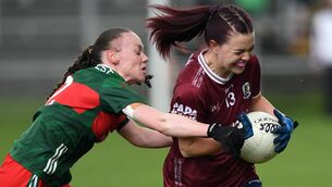 <p>Mayo’s Lucy Wallace tackles Galway’s Eva Noone during the TG4 Connacht LGFA senior football championship final at Carrick-on-Shannon last weekend. Picture: David Farrell Photography </p>