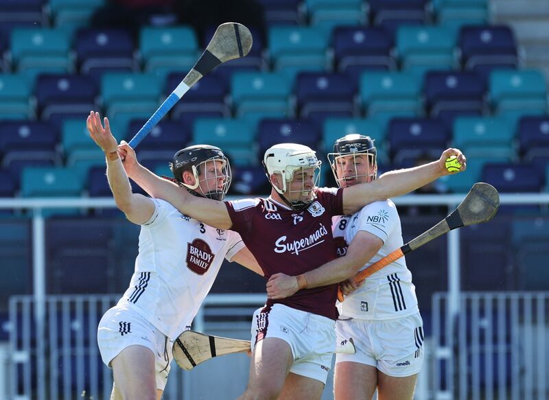 Galway’s Rory Burke tackled by Rian Boran and Cathal McCabe of Kildare. Pic: ©INPHO/Lorraine O’Sullivan