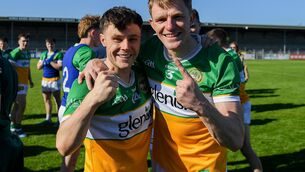 <p>KEEP THE FAITH: Offaly players Shane Tierney and Dylan Hyland celebrate after the Táilteann Cup game in Ennis.  Pic: John Sheridan/Sportsfile</p>