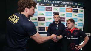 <p>GAME FACE: Connacht's Cian Prendergast, referee Peter Martin and Munster's Craig Casey at the coin toss. Pic: INPHO/James Crombie</p> <p>GAME FACE: Connacht's Cian Prendergast, referee Peter Martin and Munster's Craig Casey at the coin toss. Pic: INPHO/James Crombie</p>