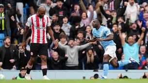 <p>Manchester City's Jeremy Doku celebrates scoring their side's first goal. Pic: Martin Rickett/PA Wire.</p>