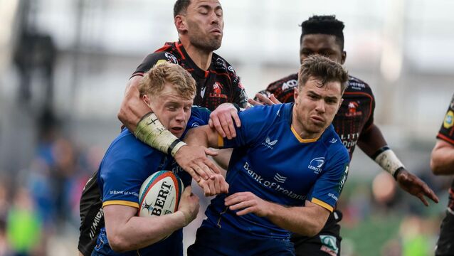 <p>Leinster's Andrew Osborne and Luke McGrath are tackled by Lions' Erich Cronje. Pic: INPHO/Dan Sheridan</p>