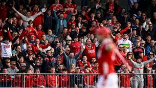 <p>Cork supporters appeal for a penalty during the game bwtween Waterford and the Rebels at Azzurri Walsh Park. Pic: Seb Daly/Sportsfile</p>