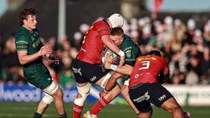 <p>GREEN MACHINE: Sean Jansen of Connacht in action against Fineen Wycherley, left, and Michael Ala'alatoa of Munster during the URC match at Dexcom Stadium. Pic: Thomas Flinkow/Sportsfile</p>