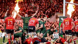 <p>ON FIRE: Connacht players celebrate during the United Rugby Championship match between Connacht and Munster at Dexcom Stadium in Galway. Photo by Thomas Flinkow/Sportsfile</p>