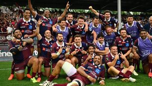 <p>CALL THE CELEBRATION POLICE? Bordeaux-Begles' players celebrate after winning the French Top 14 rugby union match with Aviron Bayonnais (Bayonne) at the Jean Dauger Stadium in Bayonne. (Photo by Gaizka IROZ / AFP via Getty Images)</p>