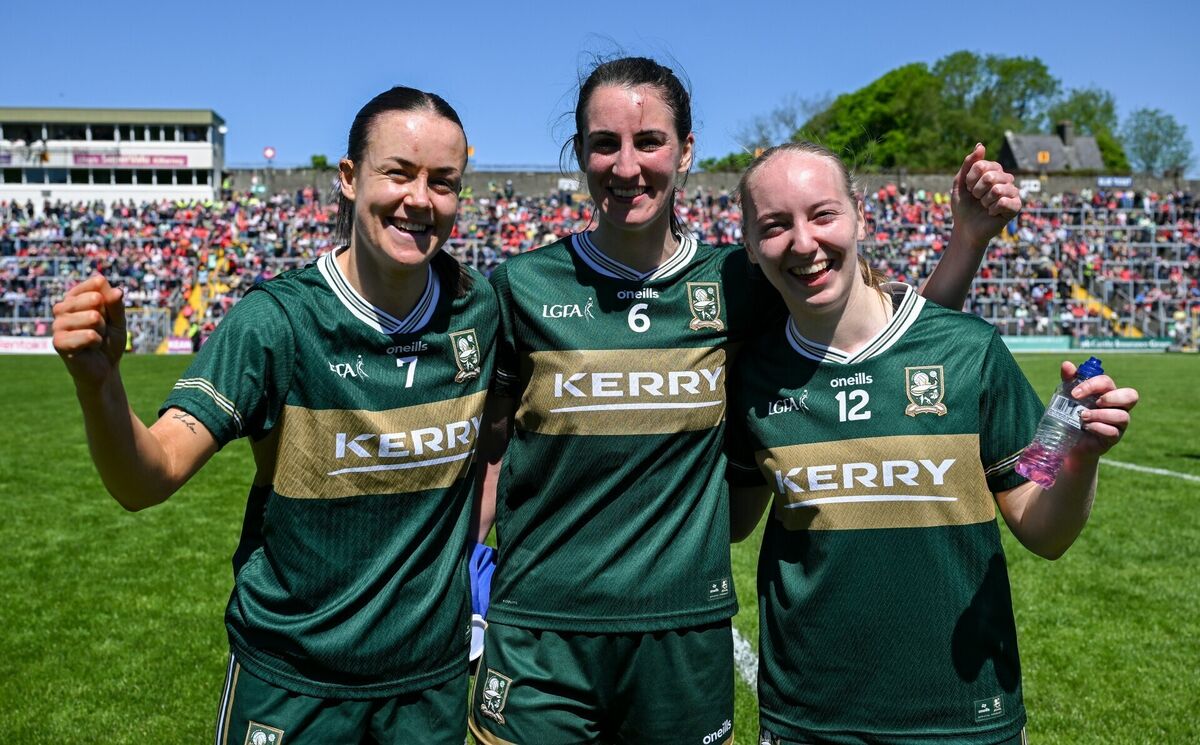 CELEBRATING: Aoife Dillane, Emma Costello and Caoimhe Evans of Kerry celebrate after winning the TG4 Munster Senior Ladies Football Championship round 3 match between Kerry and Cork at Fitzgerald Stadium in Killarney, Kerry. Photo by Paul Phelan/Sportsfile CELEBRATING: Aoife Dillane, Emma Costello and Caoimhe Evans of Kerry celebrate after winning the TG4 Munster Senior Ladies Football Championship round 3 match between Kerry and Cork at Fitzgerald Stadium in Killarney, Kerry. Photo by Paul Phelan/Sportsfile