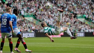 <p>JAPANESE GYMNASTICS: Celtic's Daizen Maeda (right) scores his sides third goal during the William Hill Premiership match at Celtic Park, Glasgow. Pic: Steve Welsh/PA Wire</p>