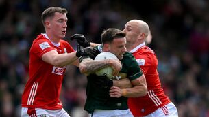 <p>CLOSE AND PERSONAL: Micheál Burns of Kerry is tackled by Luke Fahy, left, and Brian O’Driscoll of Cork during the Munster GAA Football Senior Championship final match between Kerry and Cork at Fitzgerald Stadium in Killarney, Kerry. Pic: Brendan Moran/Sportsfile</p>