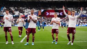 <p>Arsenal's Martin Odegaard (right), Leandro Trossard, Gabriel and Kai Havertz celebrate after the Premier League match at London Stadium. Pic: John Walton/PA Wire. </p>