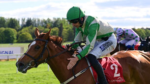 <p>Aine and Patrick Mullins win The Irish Stallion Farms EBF 4-y-o Fillies Flat Race for trainer Willie Mullins. Pic: Healy Racing</p>