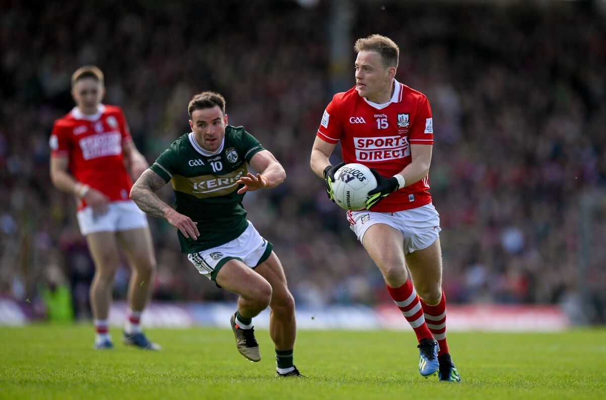 Steven Sherlock of Cork in action against Micheál Burns of Kerry during the Munster GAA Football Senior Championship final match between Kerry and Cork at Fitzgerald Stadium in Killarney, Kerry. Photo by Brendan Moran/Sportsfile
