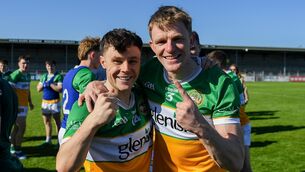 <p>SWEET RELIEF: Offaly players, from left, Shane Tierney and Dylan Hyland celebrate. Pic: John Sheridan/Sportsfile</p> <p>SWEET RELIEF: Offaly players, from left, Shane Tierney and Dylan Hyland celebrate. Pic: John Sheridan/Sportsfile</p>