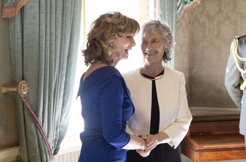  President Catherine Connolly greeting Adi Roche of Chernobyl Children’s International, at Áras An Uachtaráin last month at an event marking the 40th anniversary of the Chornobyl nuclear disaster. Picture: Sam Boal/Collins