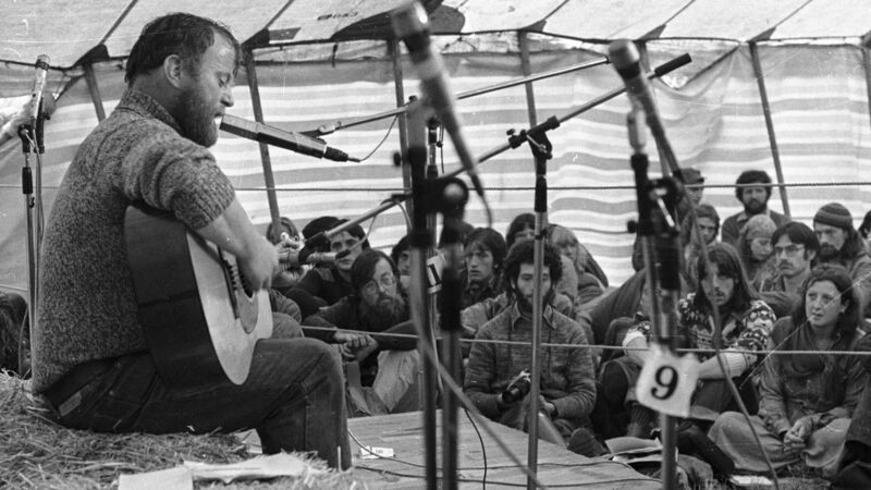 Christy Moore playing to protesters at an anti-nuclear protest at Carnsore Point, Co Wexford, in August 1978.	File Picture: Eddie Kelly
                    