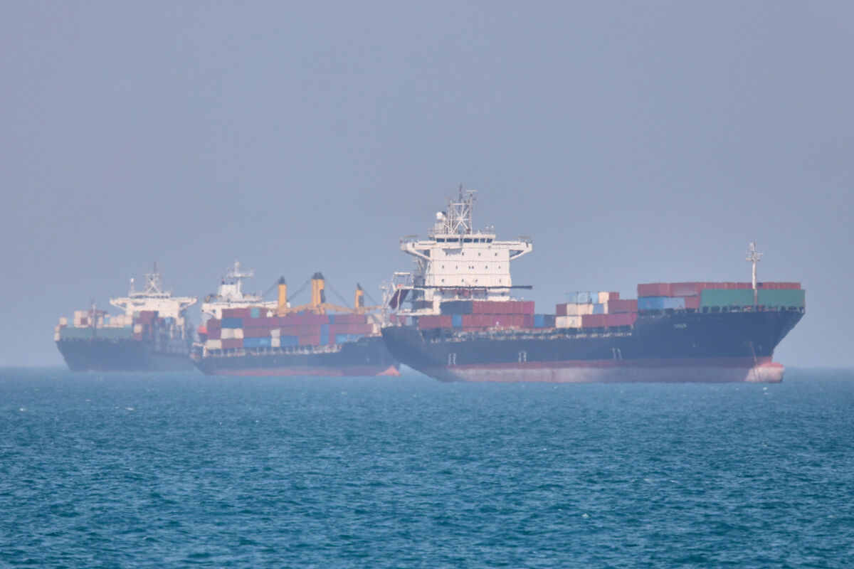 Container ships sit at anchor in the Strait of Hormuz off Bandar Abbas, Iran, Saturday, May 2, 2026.(Amirhosein Khorgooi/ISNA via AP) Container ships sit at anchor in the Strait of Hormuz off Bandar Abbas, Iran, Saturday, May 2, 2026.(Amirhosein Khorgooi/ISNA via AP)