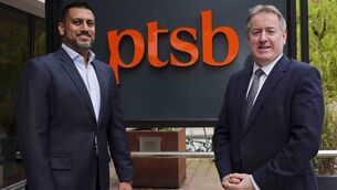 <p>Sat Shah, deputy chief executive of Bawag Group and Eamonn Crowley, chief executive of PTSB. </p>