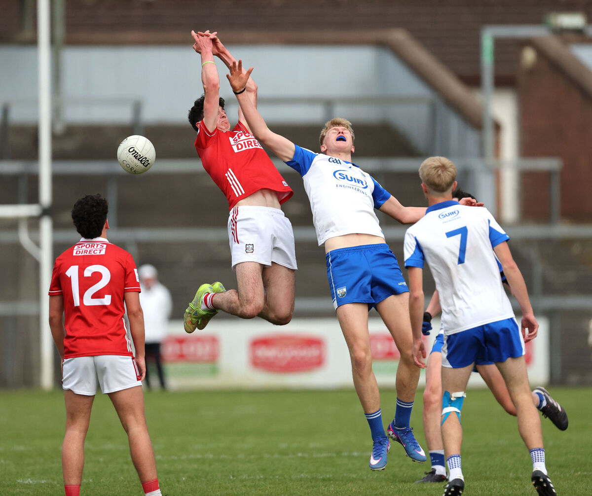 Kieran O'Shea, Cork and Tomas Walsh, Waterford, battle for the high ball during a Munster MFC clash at Páirc Uí Rinn. Pic: Jim Coughlan. Kieran O'Shea, Cork and Tomas Walsh, Waterford, battle for the high ball during a Munster MFC clash at Páirc Uí Rinn. Pic: Jim Coughlan.
