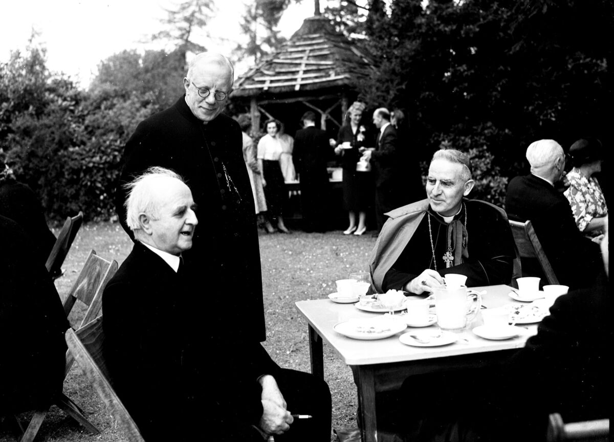 Dr Alfred O'Rahilly with Bishop Cornelius Lucey at UCC in 1954. Picture: Irish Examiner Archive 