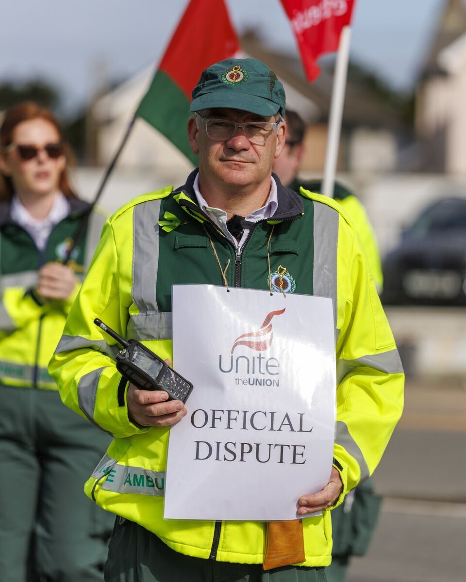 Paramedic Tony Murphy standing with colleagues and supporters of Siptu and Unite unions on the picket line outside Dundalk Ambulance Station, as paramedics in the National Ambulance Service go on strike. Picture date: Tuesday May 12, 2026. Picture: Liam McBurney/PA Wire Paramedic Tony Murphy standing with colleagues and supporters of Siptu and Unite unions on the picket line outside Dundalk Ambulance Station, as paramedics in the National Ambulance Service go on strike. Picture date: Tuesday May 12, 2026. Picture: Liam McBurney/PA Wire