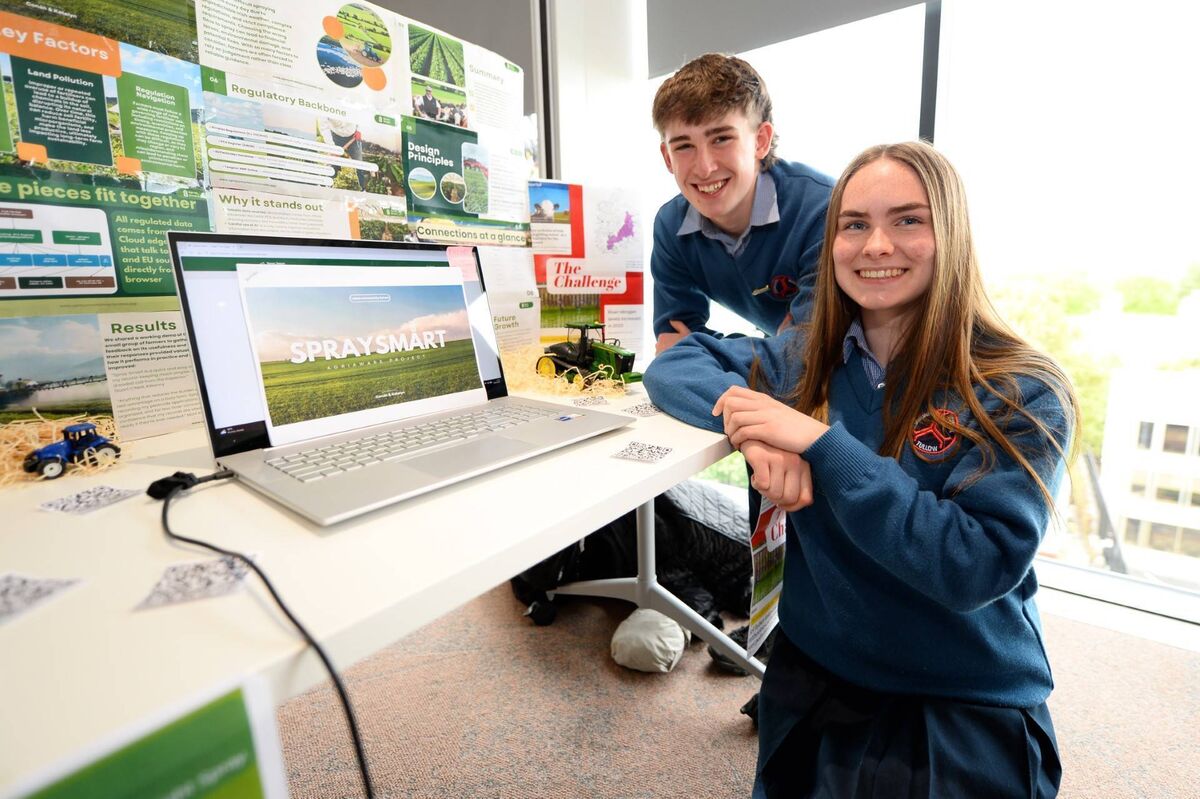 Students Katelyn Dempsey and Conán Mulvihill with their project, 'Spray Smart', a spraying suitability website designed to support farmers in navigating pesticide and nitrate regulations. Students Katelyn Dempsey and Conán Mulvihill with their project, 'Spray Smart', a spraying suitability website designed to support farmers in navigating pesticide and nitrate regulations.