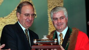 <p>Senator George Mitchell receiving the freedom scroll from then lord mayor of Cork Joe O'Flynn at City Hall in 1998. File picture: Dan Linehan</p> <p>Senator George Mitchell receiving the freedom scroll from then lord mayor of Cork Joe O'Flynn at City Hall in 1998. File picture: Dan Linehan</p>