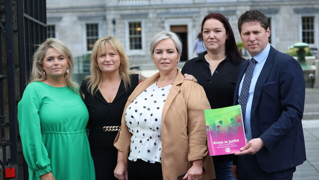 <p>Sonya Stokes. Leona O'Callaghan, Shaneda Daly, senator Maria McCormack, and TD Matt Carthy outside Leinster House in Dublin on Tuesday. Picture: Stephen Collins/Collins</p>