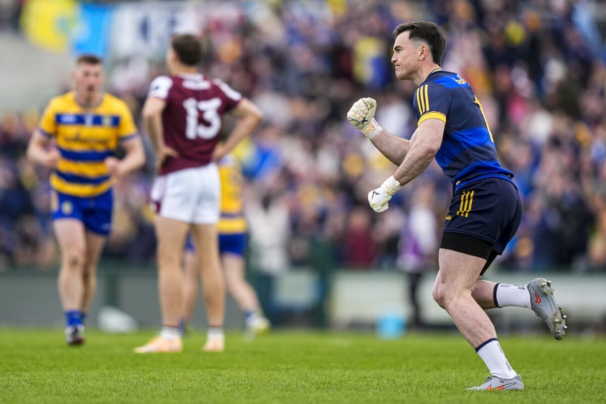 Roscommon goalkeeper Conor Carroll celebrates his side's third goal against Galway. Pic: ©INPHO/James Lawlor