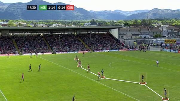 Kerry force Cork goalkeeper Patrick Doyle to kick long during the Munster SFC final. Pic: RTÉ