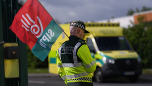 <p>Members of Siptu and Unite unions on the picket line outside the National Ambulance Service depot at Davitt Road in Dublin, on Tuesday. Picture: Niall Carson/PA</p> <p>Members of Siptu and Unite unions on the picket line outside the National Ambulance Service depot at Davitt Road in Dublin, on Tuesday. Picture: Niall Carson/PA</p>