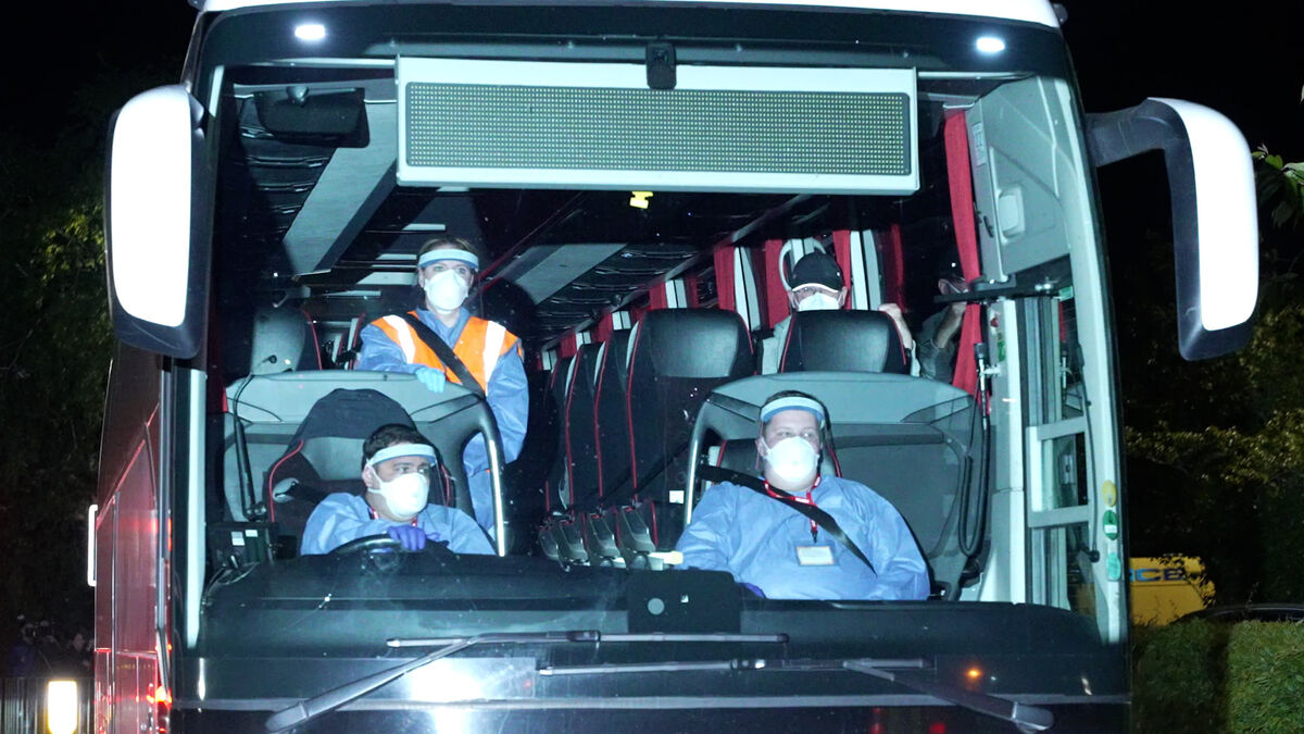 Screen grab from PA Video of coaches arriving at Arrowe Park Hospital on Merseyside, where passengers that have been repatriated to the UK from cruise ship MV Hondius, hit by hantavirus will be quarantined to protect against the spread of the illness should any of them be infected. Picture date: Sunday May 10, 2026.