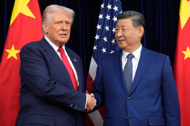 US president Donald Trump, left, and Chinese president Xi Jinping shake hands before their meeting at Gimhae International Airport in Busan, South Korea, Oct. 30, 2025. (AP Photo/Mark Schiefelbein, File) US president Donald Trump, left, and Chinese president Xi Jinping shake hands before their meeting at Gimhae International Airport in Busan, South Korea, Oct. 30, 2025. (AP Photo/Mark Schiefelbein, File)