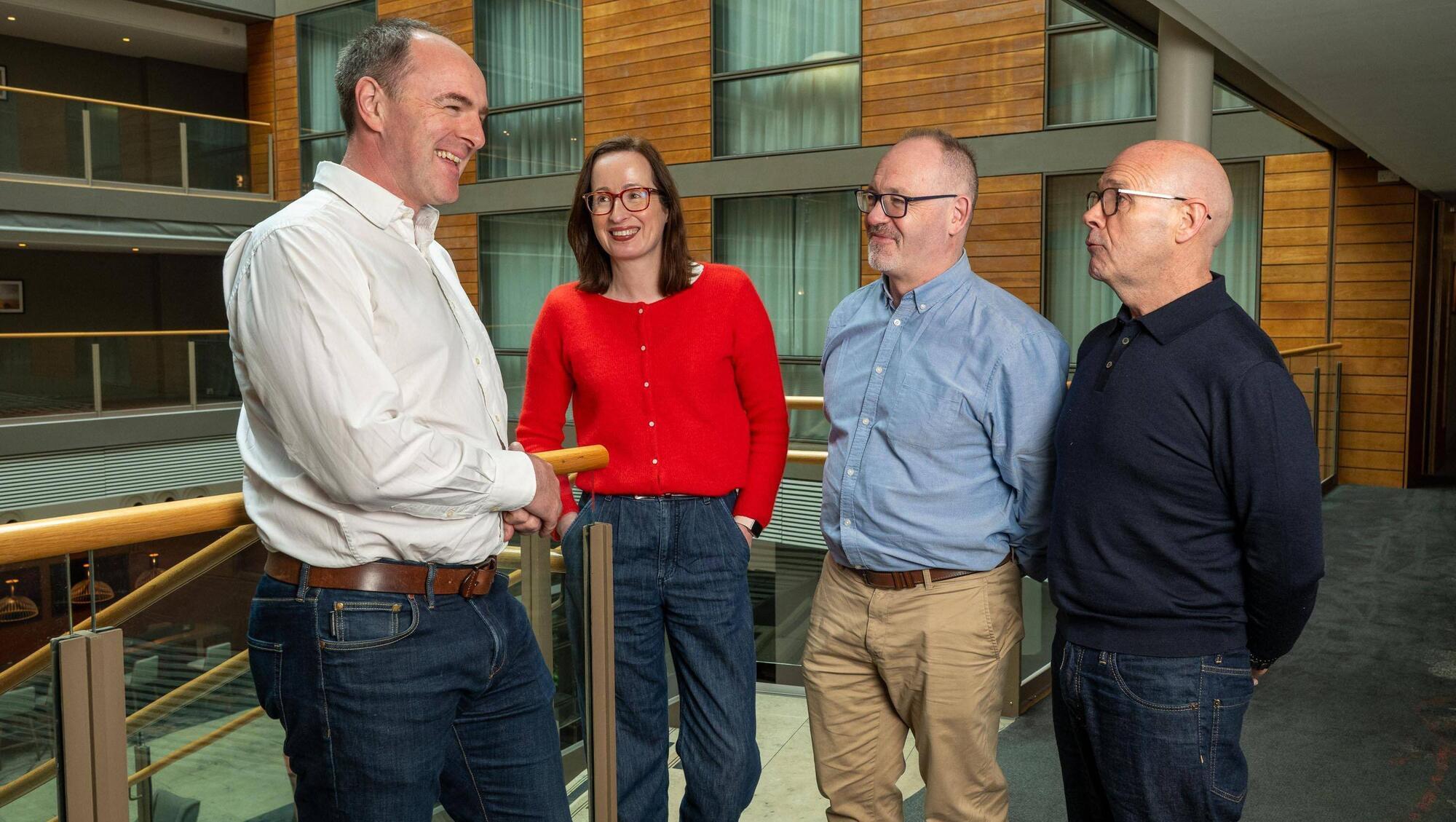 Larry O'Donoghue, AxisBIC; Rosemary Ward, Propelor BIC; Martin Murray, Furthr; and John Brennan, WestBIC. Start-ups around the country supported by Irish BICs received €34m in funding in 2025. Picture. John Allen