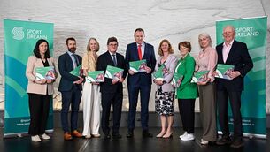 <p>In attendance are, from left, Research and Innovation Committee member Rebecca Hope, Sport Ireland director of research and innovation Benny Cullen, Sport Ireland director of participation, ethics, integrity and research Mary Van Lieshout, Sport Ireland chairperson John Foley, Minister of State with special responsibility for Sport and Postal Policy Charlie McConalogue, Sport Ireland chief executive Dr Úna May, Research and Innovation Committee chair Miriam O'Callaghan, Research and Innovation Committee member Michelle Tanner, and Research and Innovation Committee member Iognáid Ó Muircheartaigh, during the Irish Sports Monitor 2025 launch at The Crowne Plaza Hotel in Blanchardstown, Dublin. Photo by Seb Daly/Sportsfile</p>