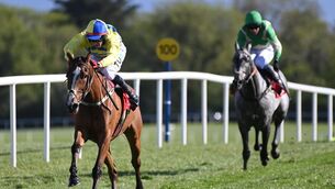 <p>POWERING ON: Switch From Diesel and Keith Donoghue win the Ladbrokes Mares Maiden Hurdle. 	Picture: Healy Racing </p>
